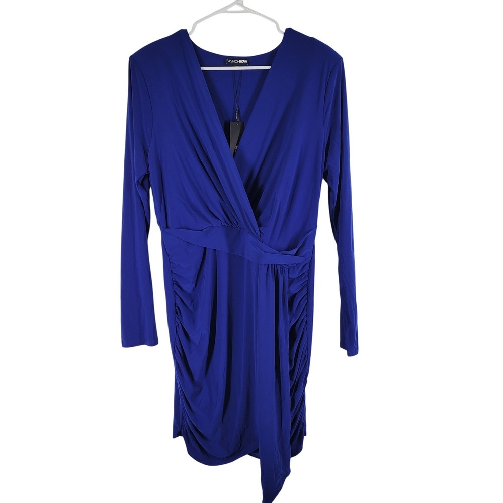 Fashion Nova Evana Mini Dress Womens 1X Royal Blue Ruched Long Sleeve V-Neck